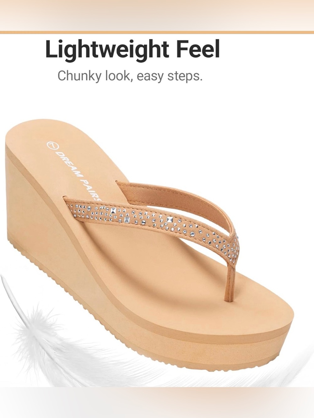 Dream Pairs Tan Wedge Flip Flop Sandals with Rhinestone Straps